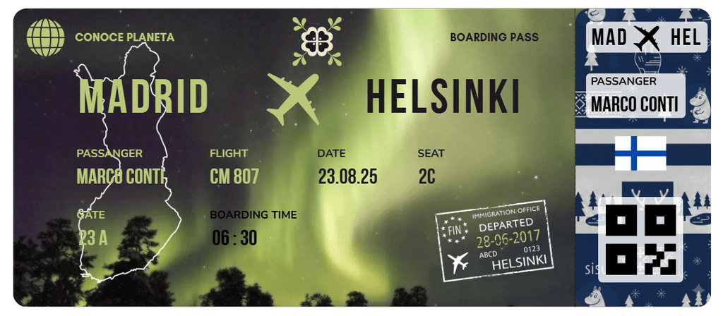 Boarding Pass con Diseño de Finlandia - Conoce el Planeta