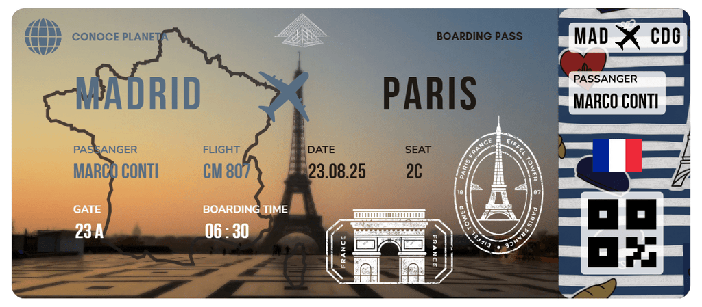 Boarding Pass con Diseño de Francia - Conoce el Planeta