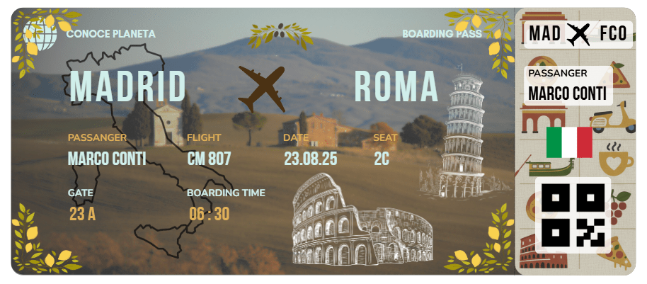 Boarding Pass con Diseño de Italia - Conoce el Planeta