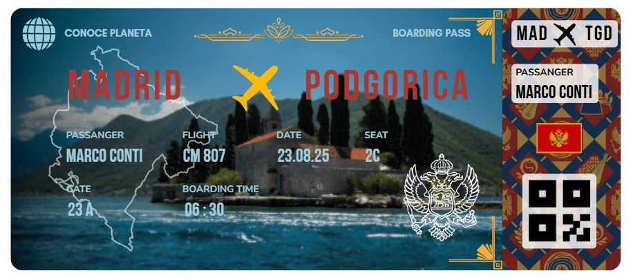 Boarding Pass con Diseño de Montenegro - Conoce el Planeta