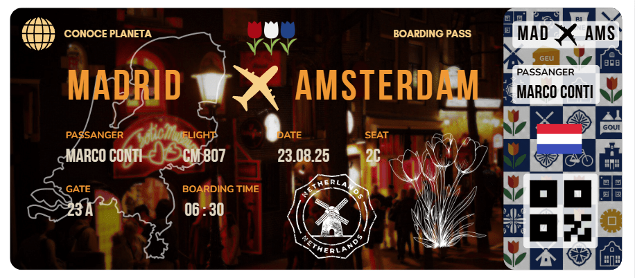 Boarding Pass con Diseño de Países Bajos - Conoce el Planeta