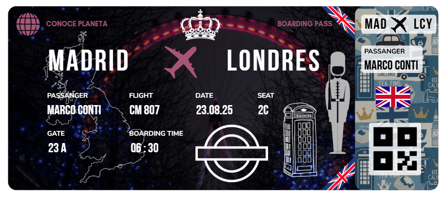 Boarding Pass con Diseño de Reino Unido - Conoce el Planeta
