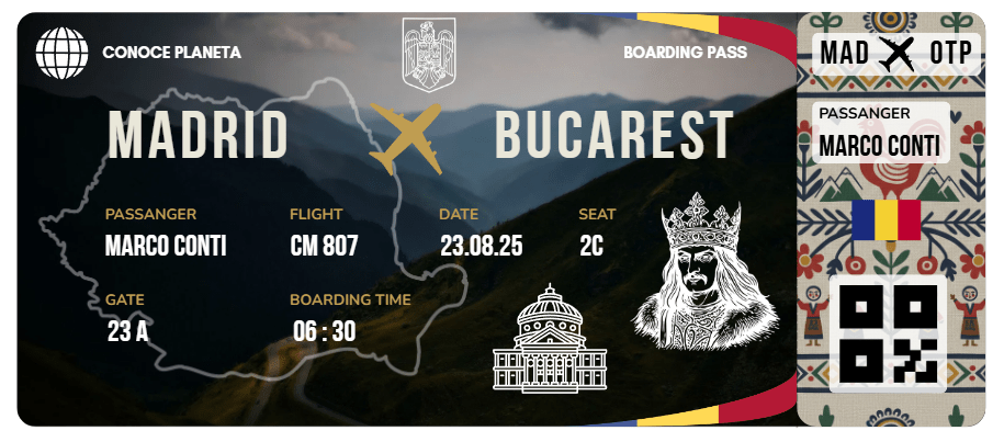 Boarding Pass con Diseño de Rumanía - Conoce el Planeta