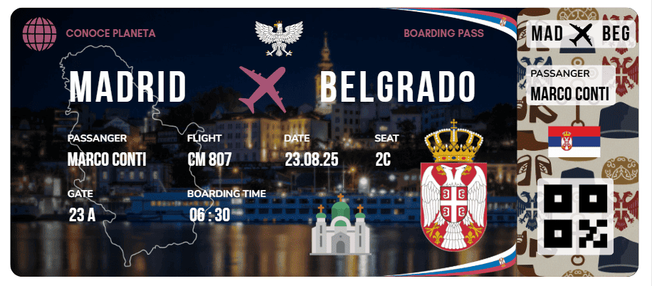 Boarding Pass con Diseño de Serbia - Conoce el Planeta