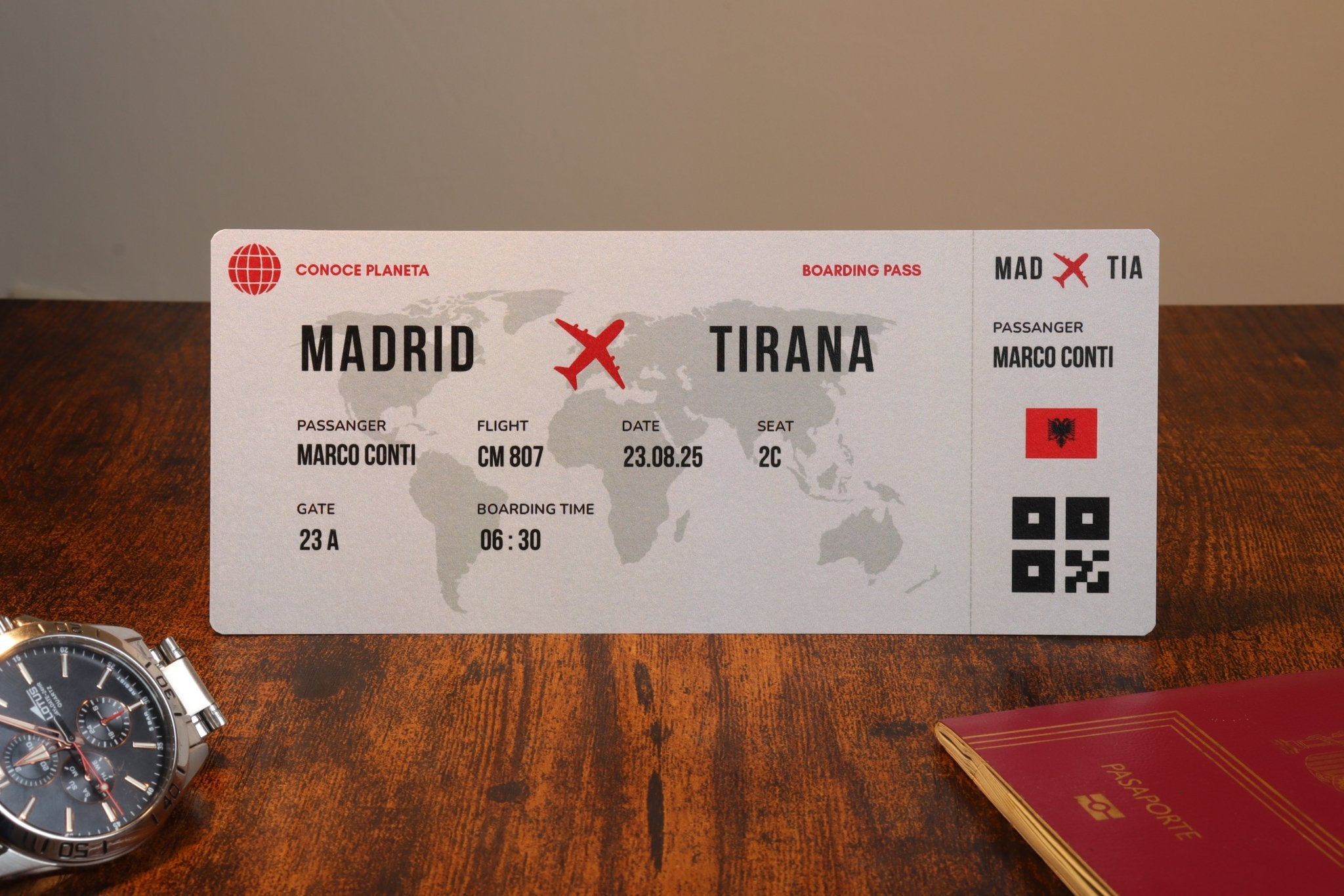 Boarding Pass minimalista de Albania - Conoce el Planeta