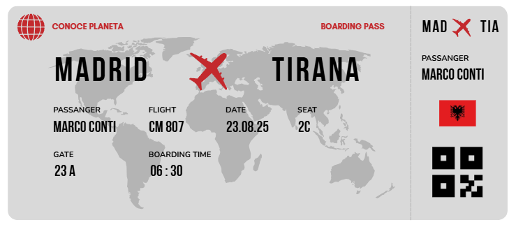 Boarding Pass minimalista de Albania - Conoce el Planeta