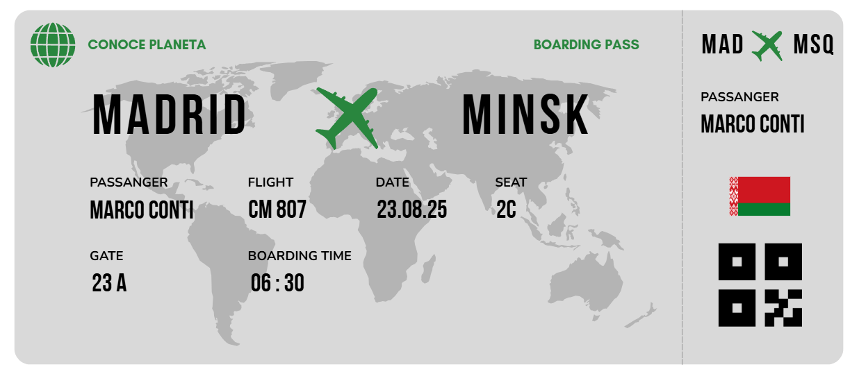 Boarding Pass minimalista de Bielorrusia - Conoce el Planeta