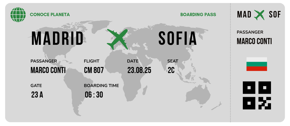 Boarding Pass minimalista de Bulgaria - Conoce el Planeta