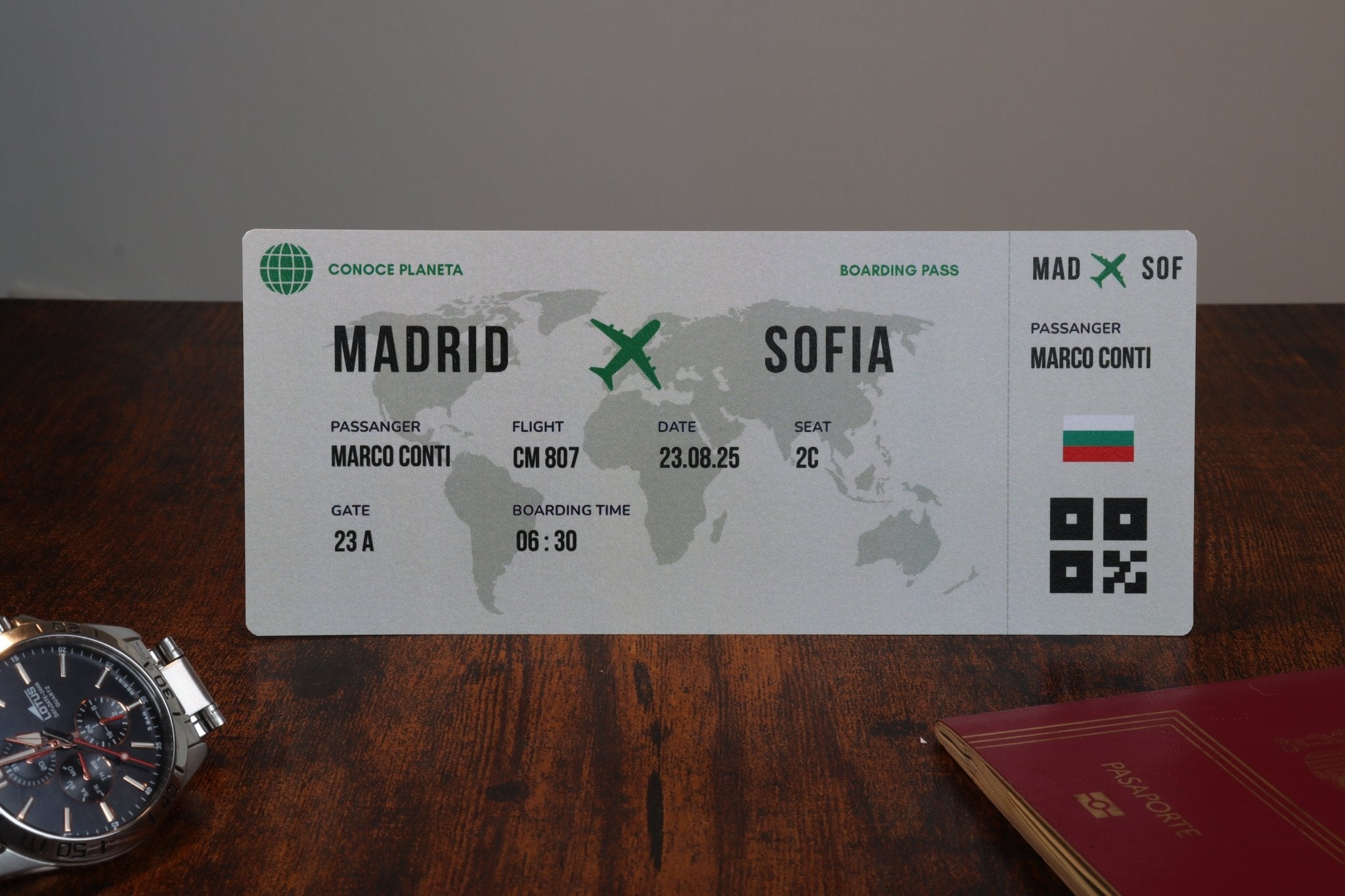 Boarding Pass minimalista de Bulgaria - Conoce el Planeta