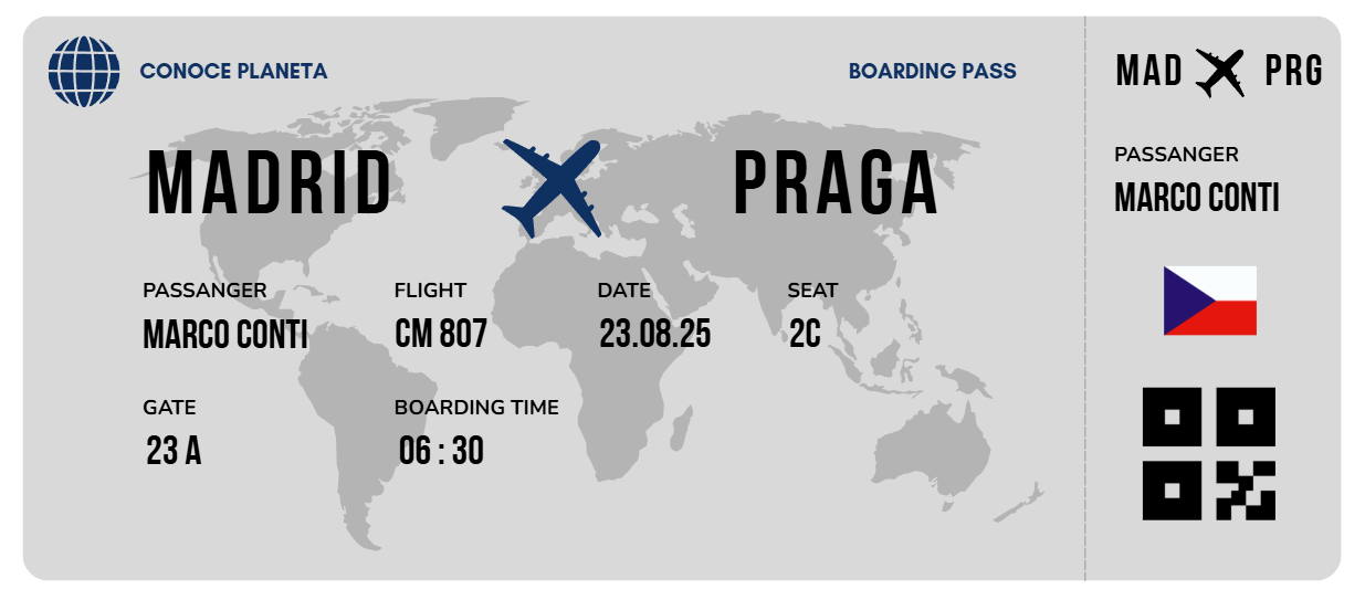 Boarding Pass minimalista de Chequia - Conoce el Planeta