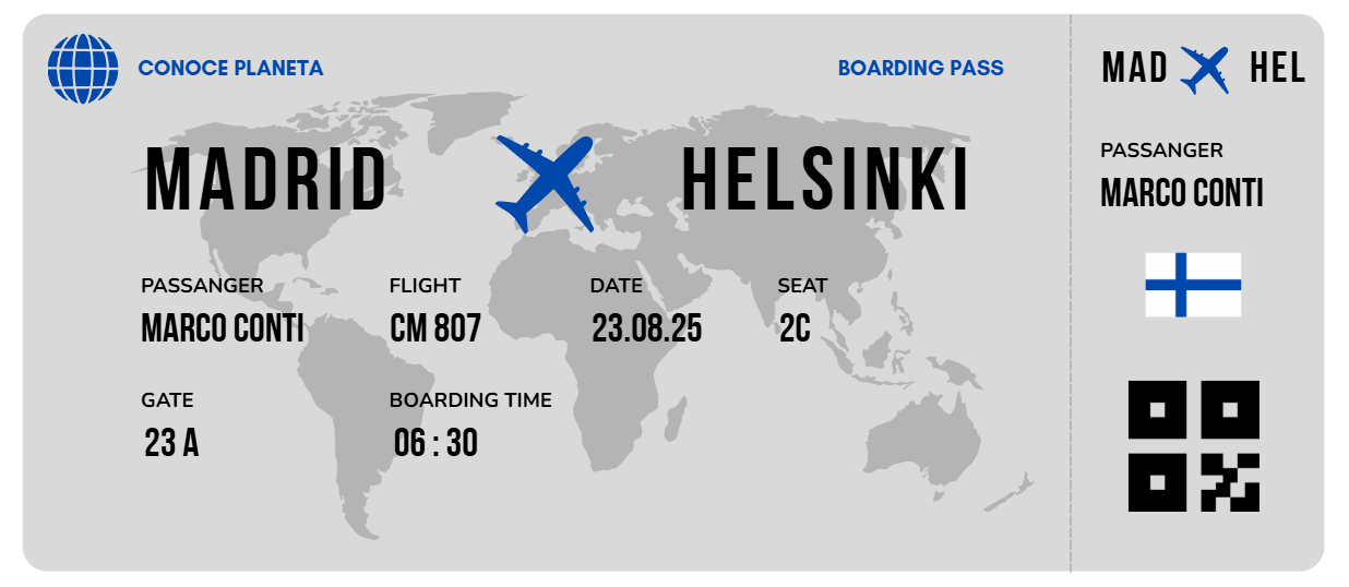 Boarding Pass minimalista de Finlandia - Conoce el Planeta