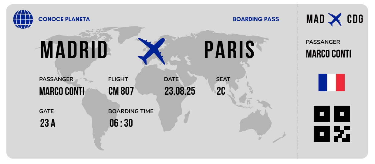 Boarding Pass minimalista de Francia - Conoce el Planeta