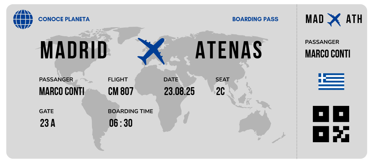 Boarding Pass minimalista de Grecia - Conoce el Planeta