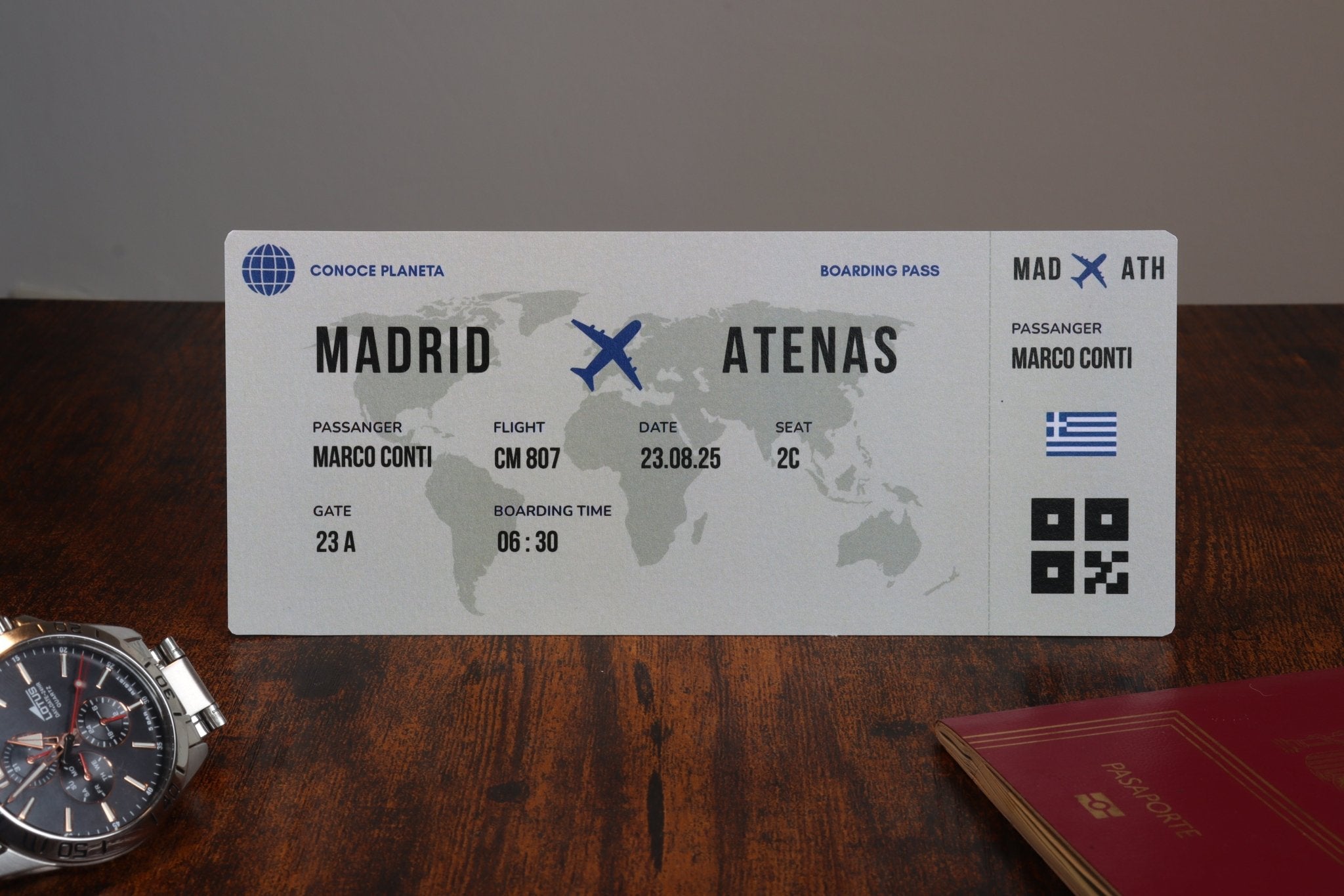 Boarding Pass minimalista de Grecia - Conoce el Planeta