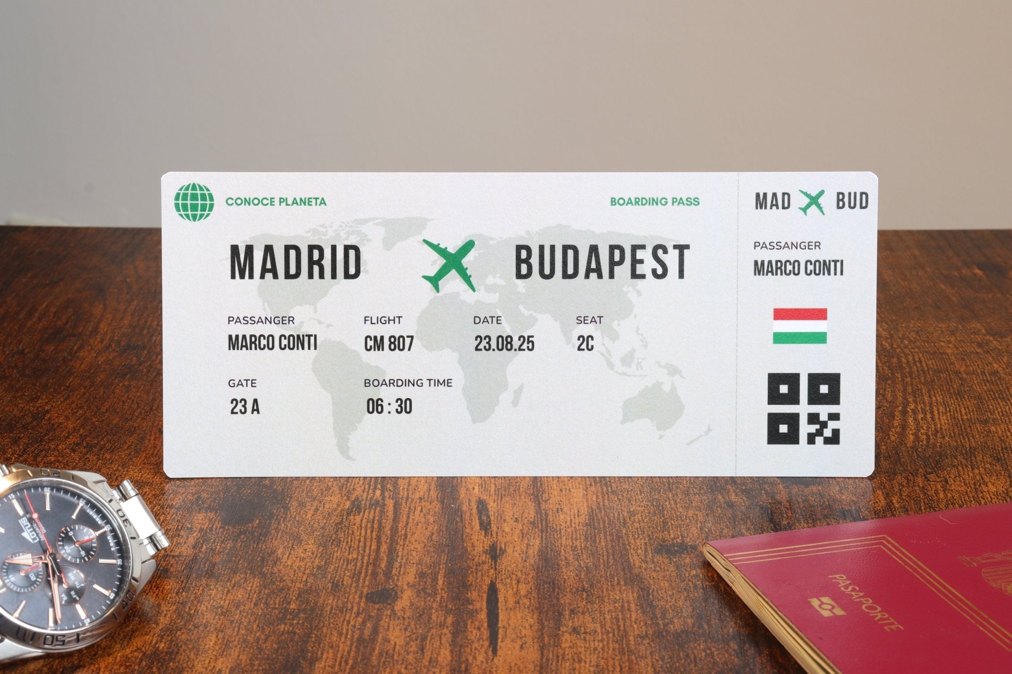 Boarding Pass minimalista de Hungría - Conoce el Planeta