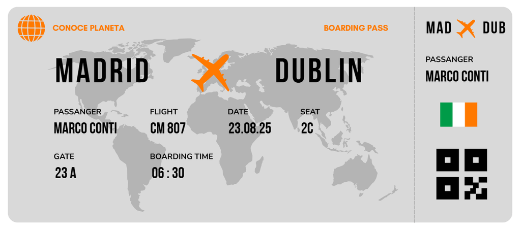 Boarding Pass minimalista de Irlanda - Conoce el Planeta