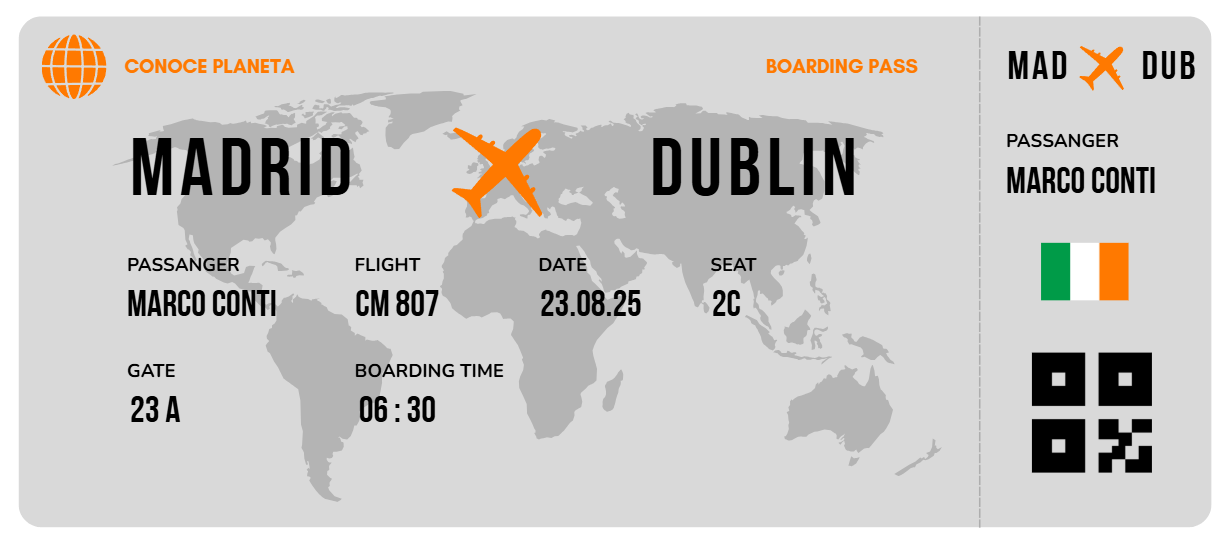 Boarding Pass minimalista de Irlanda - Conoce el Planeta