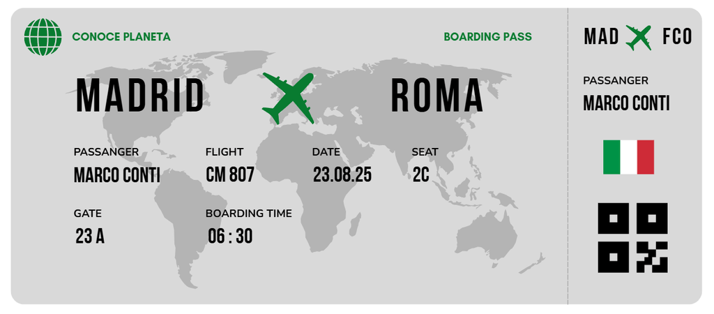 Boarding Pass minimalista de Italia - Conoce el Planeta
