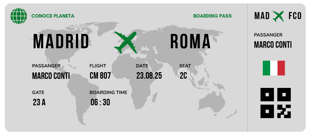 Boarding Pass minimalista de Italia - Conoce el Planeta