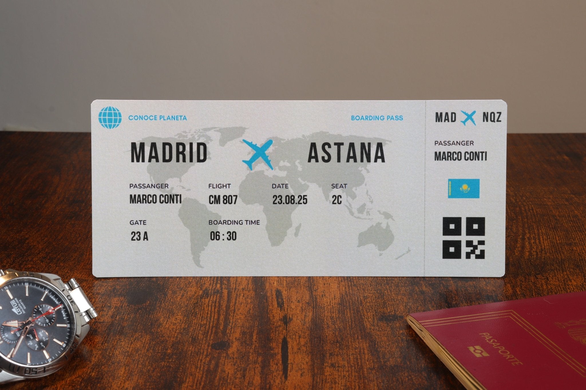 Boarding Pass minimalista de Kazajistán - Conoce el Planeta