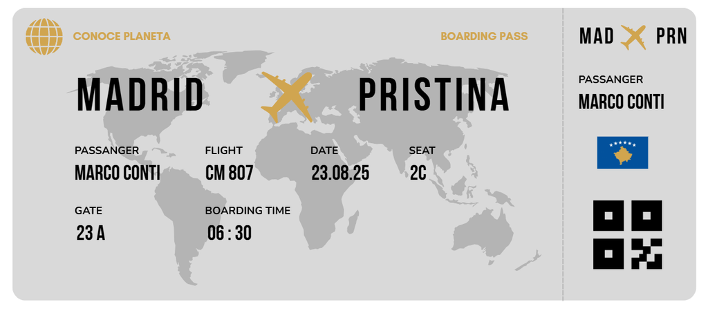 Boarding Pass minimalista de Kosovo - Conoce el Planeta