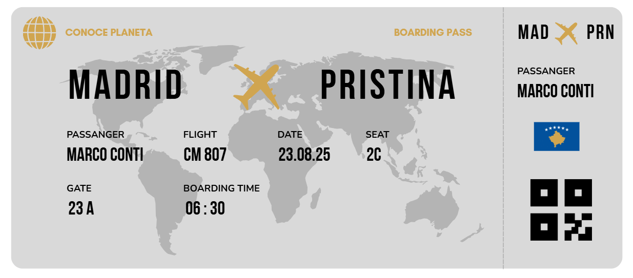 Boarding Pass minimalista de Kosovo - Conoce el Planeta