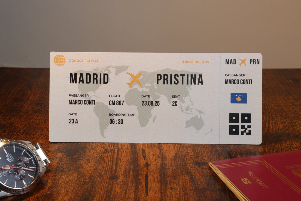 Boarding Pass minimalista de Kosovo - Conoce el Planeta