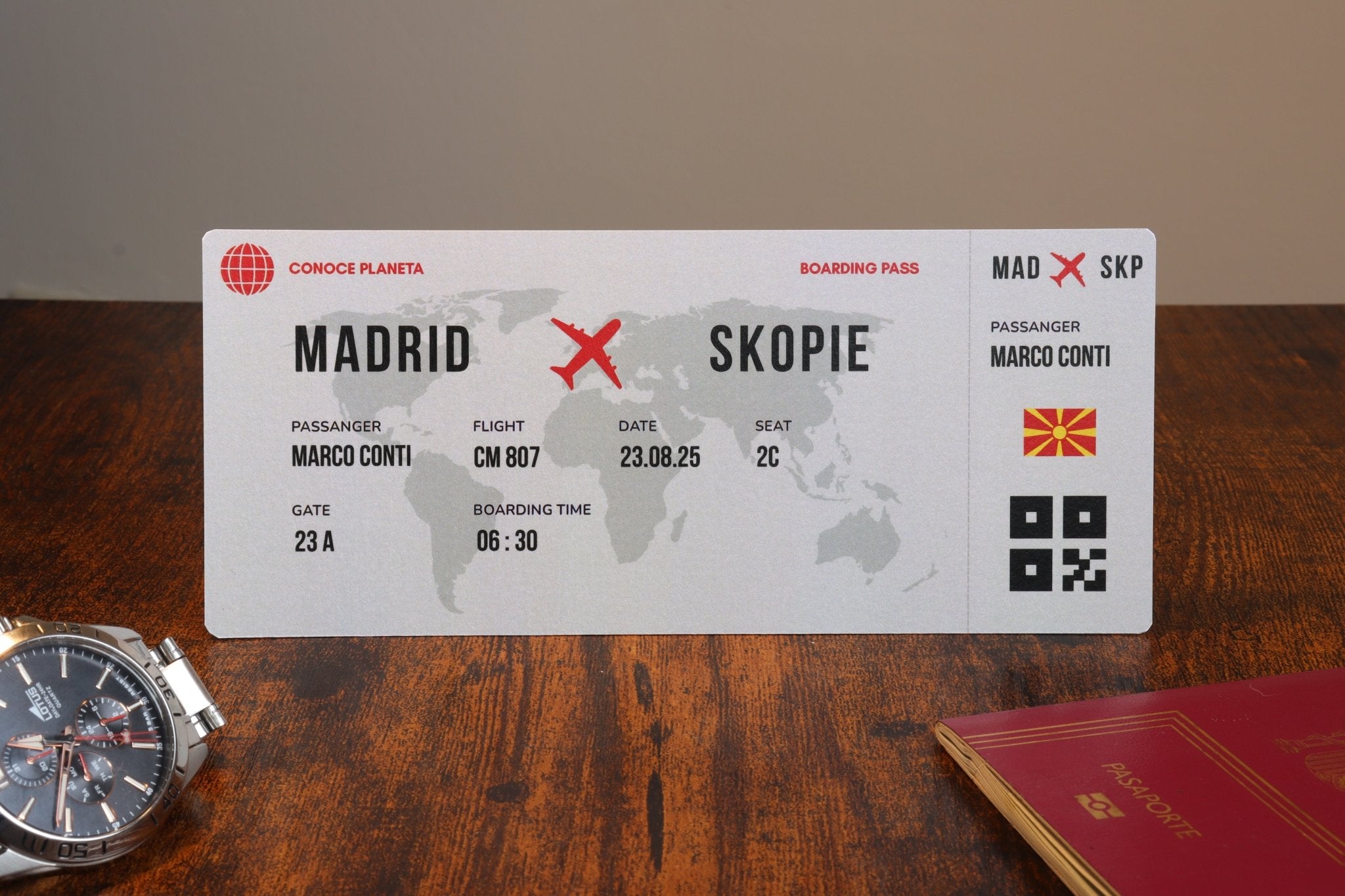 Boarding Pass minimalista de Macedonia del Norte - Conoce el Planeta