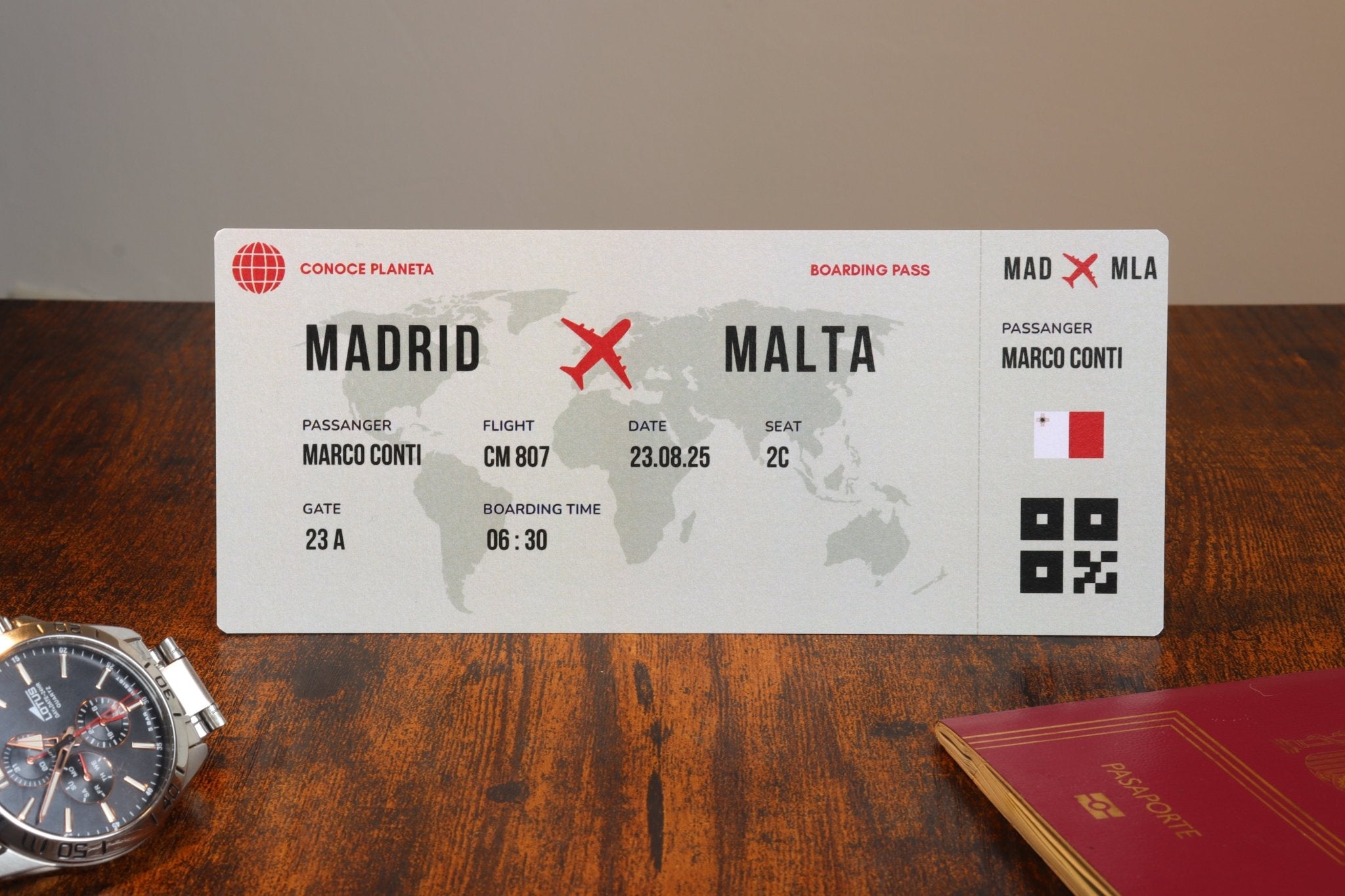 Boarding Pass minimalista de Malta - Conoce el Planeta