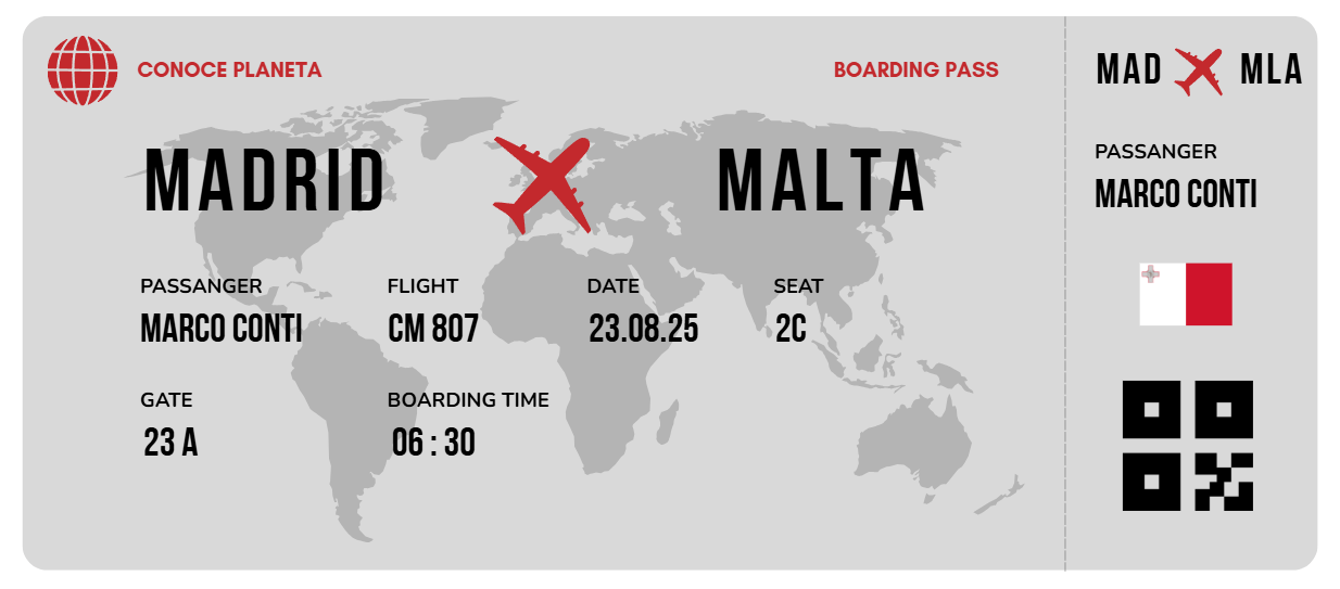 Boarding Pass minimalista de Malta - Conoce el Planeta