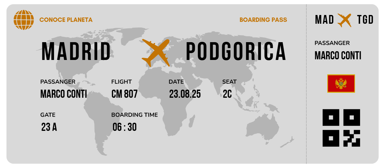 Boarding Pass minimalista de Montenegro - Conoce el Planeta