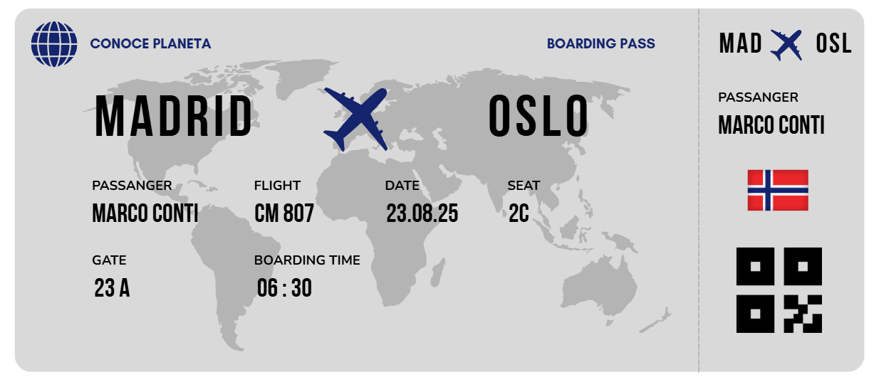 Boarding Pass minimalista de Noruega - Conoce el Planeta