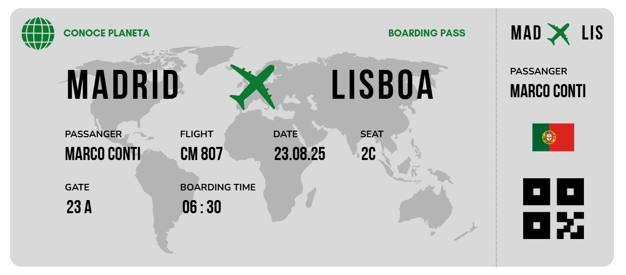Boarding Pass minimalista de Portugal - Conoce el Planeta