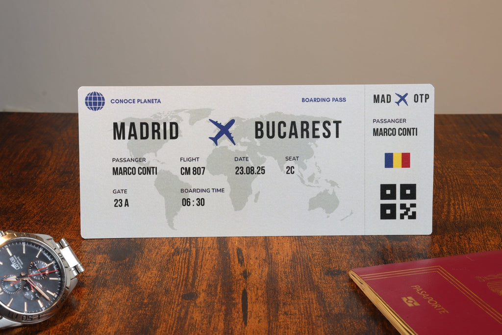 Boarding Pass minimalista de Rumanía - Conoce el Planeta