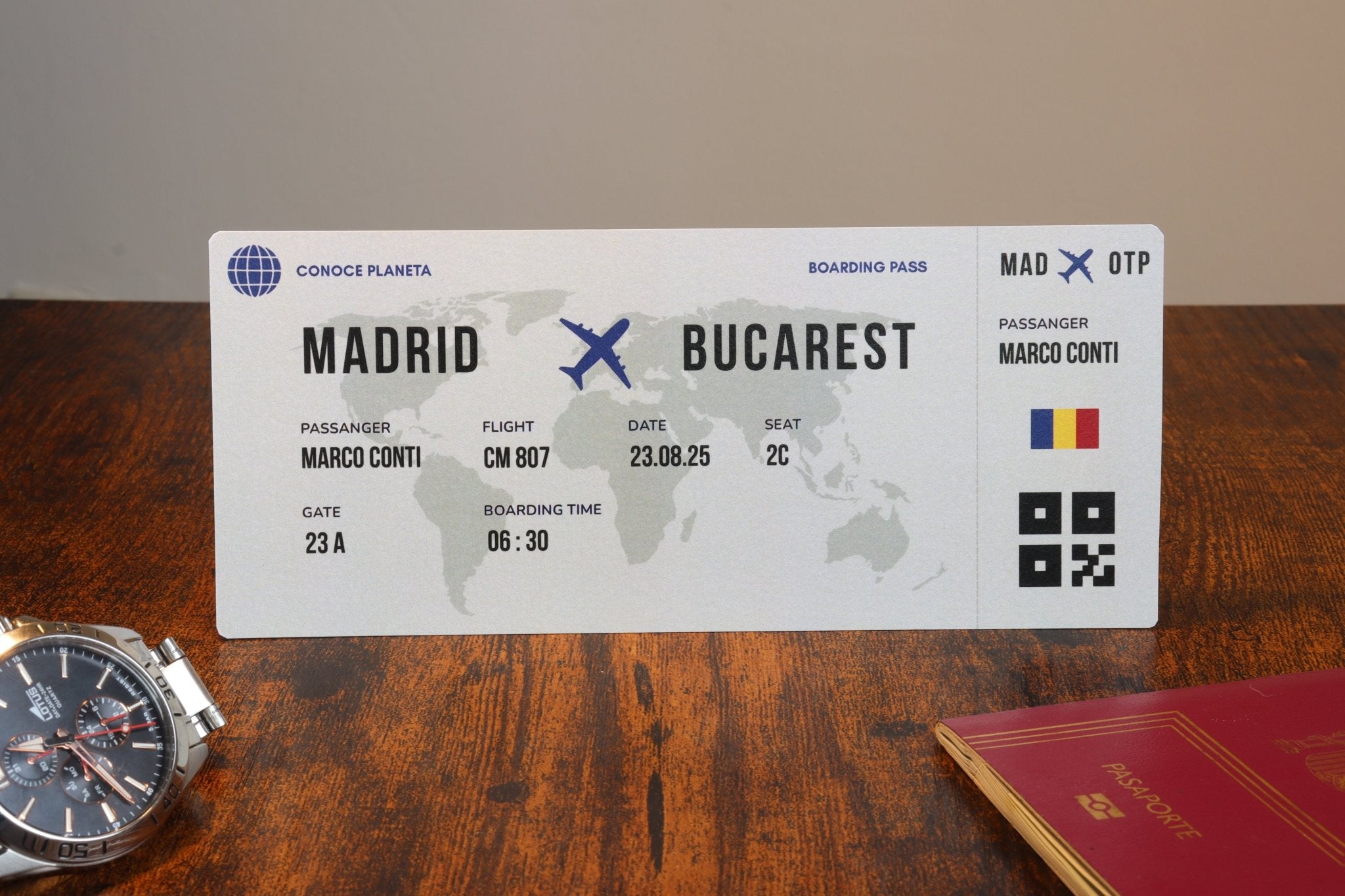 Boarding Pass minimalista de Rumanía - Conoce el Planeta