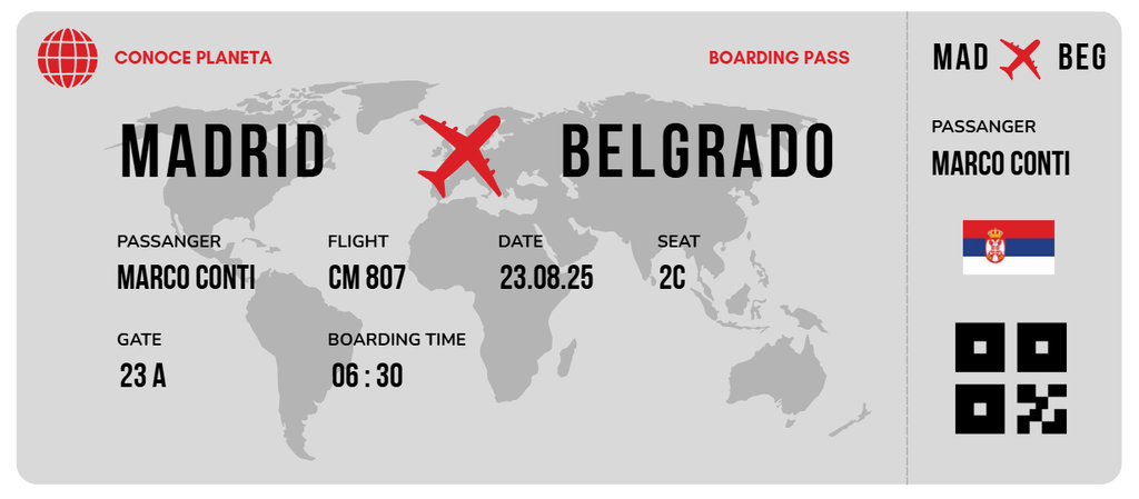 Boarding Pass minimalista de Serbia - Conoce el Planeta