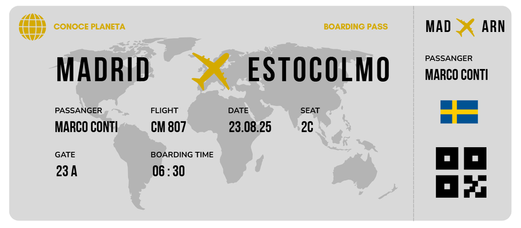 Boarding Pass minimalista de Suecia - Conoce el Planeta