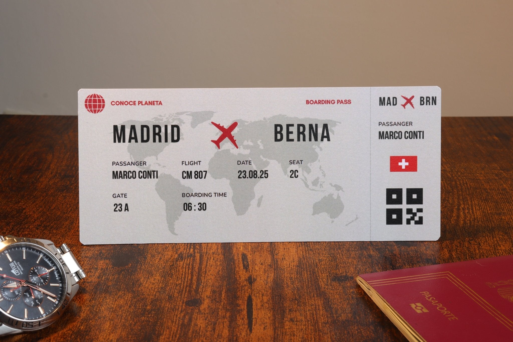Boarding Pass minimalista de Suiza - Conoce el Planeta