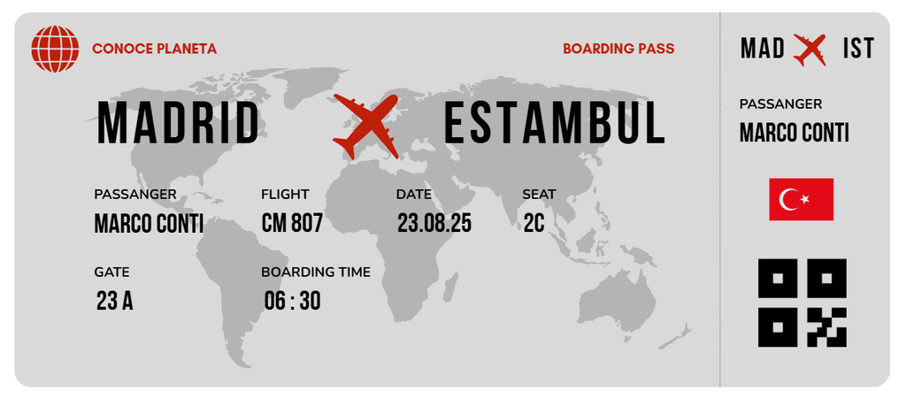 Boarding Pass minimalista de Turquía - Conoce el Planeta